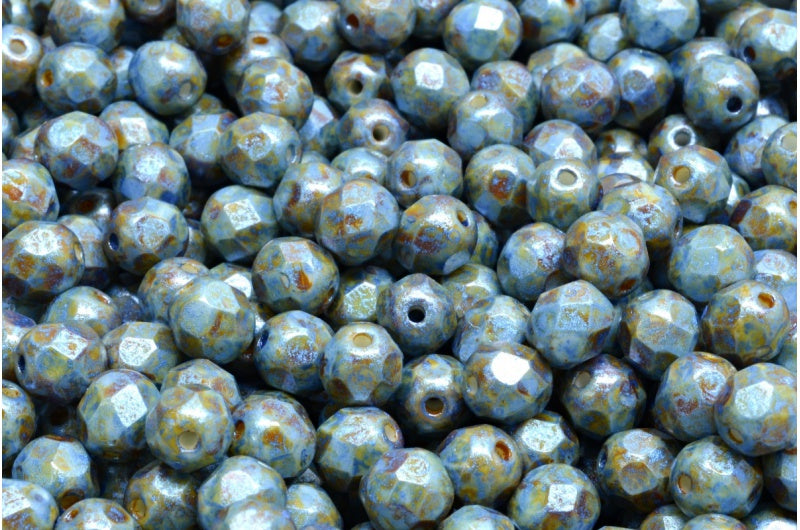 Fire Polished Faceted Beads Round, Chalk White Green Luster Spotted (03000-65325), Bohemia Crystal Glass, Czech Republic