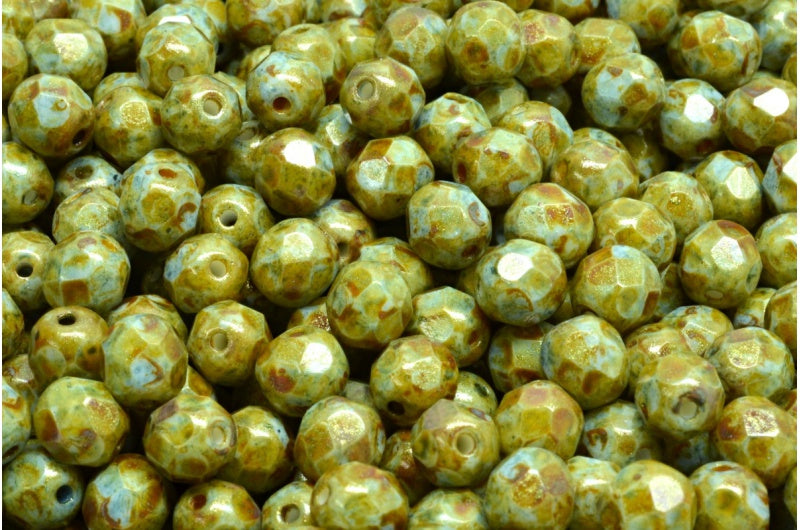 ファセット加工のラウンドビーズ、チョークホワイトブラウンの光沢、斑点模様(03000-65326)、ボヘミアクリスタルガラス、チェコ共和国