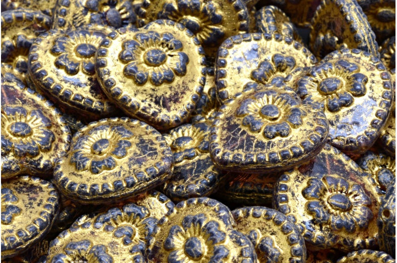 バラのハートビーズ、アメジストゴールドライン(20060-54302)、ガラス、チェコ共和国