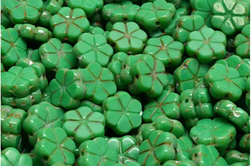 Table Cut Garland Flower Beads, Opaque Green Travertin (53230 86800), Glass, Czech Republic
