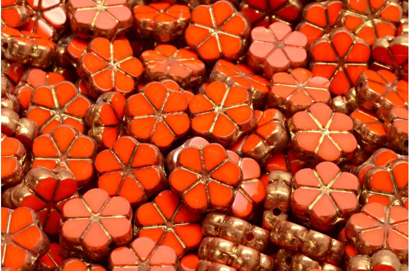 Table Cut Garland Flower Beads, Deep Orange Brass (93140 90215), Glass, Czech Republic
