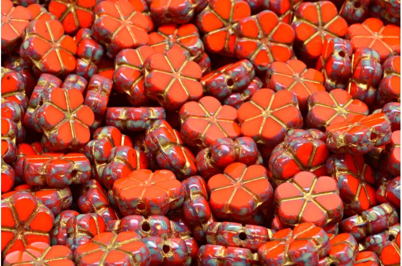 Table Cut Garland Flower Beads, Deep Orange Travertin 54302 (93140 86800 54302), Glass, Czech Republic