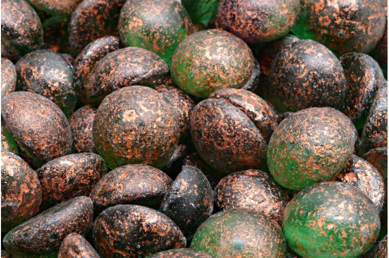 カボションビーズ、透明グリーンエッチング銅ライニング(50030-etch-54319)、ガラス、チェコ共和国