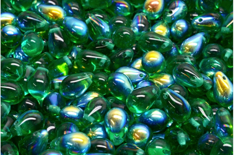 ドロップビーズ、透明グリーンエメラルドAb(50720-28701)、ガラス、チェコ共和国