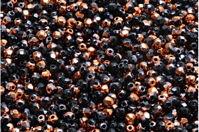 ファセット加工ラウンドビーズ、ブラッククリスタル、ピンクイエローコーティング(23980-27137)、ボヘミアクリスタルガラス、チェコ共和国