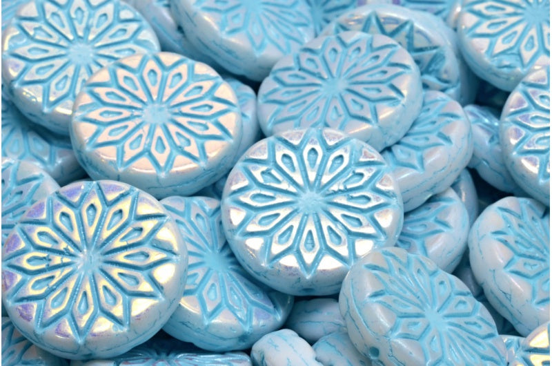 Origami Flower Beads, White Ab Full (2X Side) Light Blue Lined (02010-28703-54308), Glass, Czech Republic