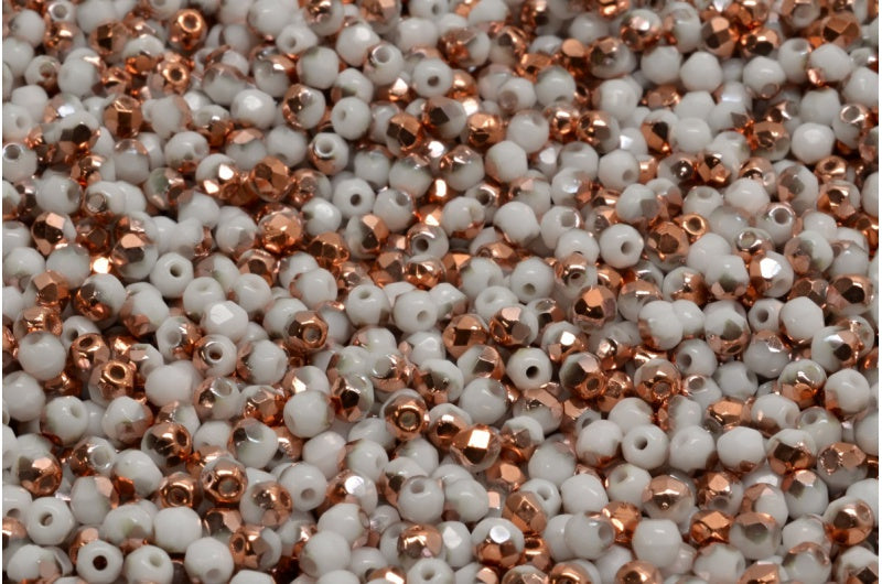 ファセット加工ラウンドビーズ、チョークホワイトローズゴールドカプリ(03000-27101)、ボヘミアクリスタルガラス、チェコ共和国