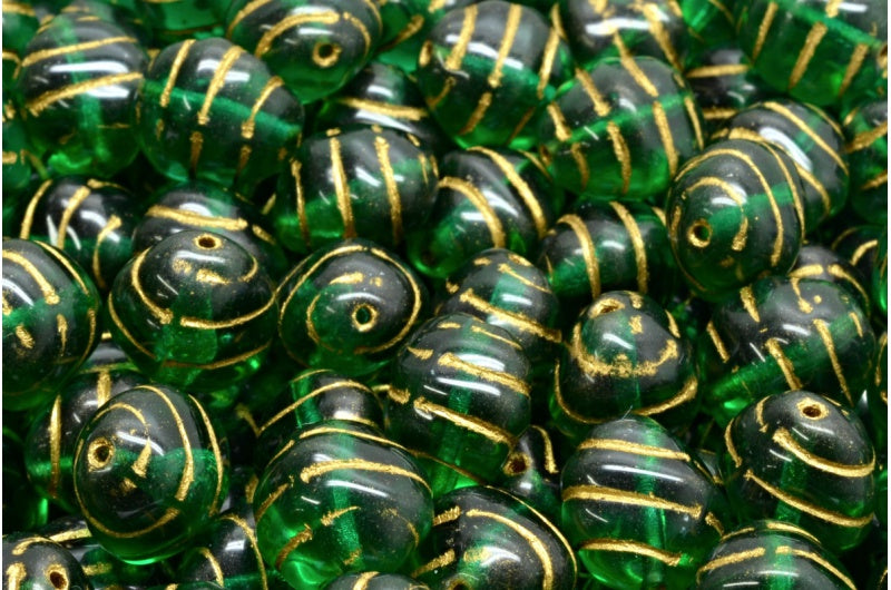 ライン入りオーバルビーズ、透明グリーンエメラルドゴールドライン(50710-54302)、ガラス、チェコ共和国