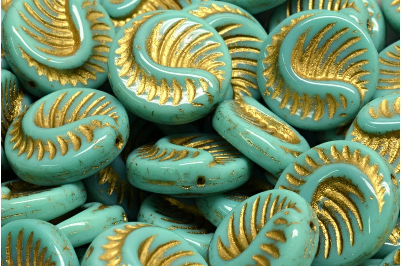 化石コインビーズ、ターコイズゴールドライン(63130-54302)、ガラス、チェコ共和国