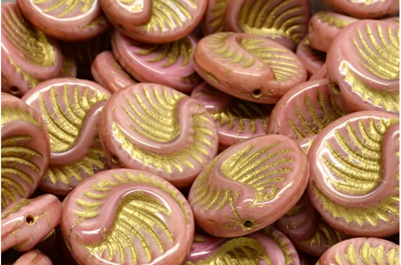 Fossil Coin Beads, Opaque Pink Gold Lined (74020-54302), Glass, Czech Republic