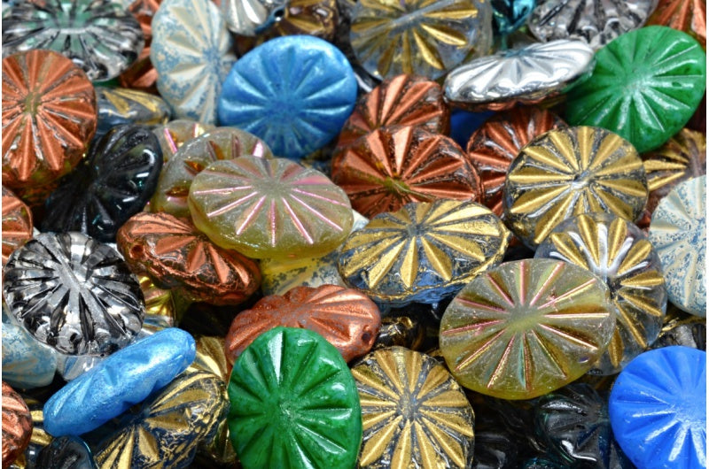 フラットオーバルビーズ、ミックスカラー1個(00001-ミックス)、ガラス、チェコ共和国