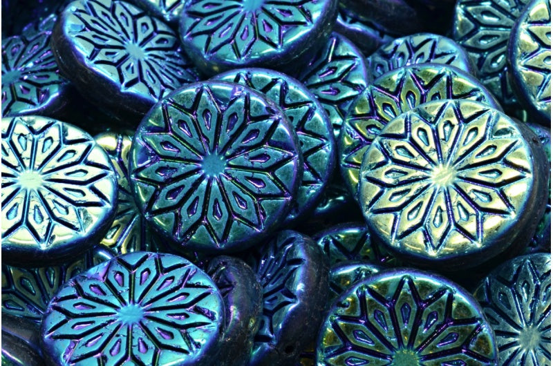 Origami Flower Beads, Black Ab Full (2X Side) (23980-28703), Glass, Czech Republic