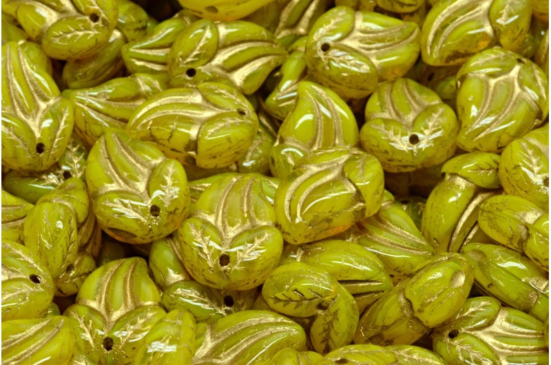 花のつぼみビーズ、オパールイエローゴールドライニング(81210-54302)、ガラス、チェコ共和国