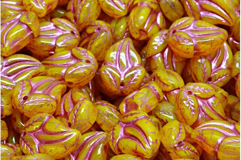 Flower Bud Beads, Opal Yellow Pink Lined (81210-54321), Glass, Czech Republic