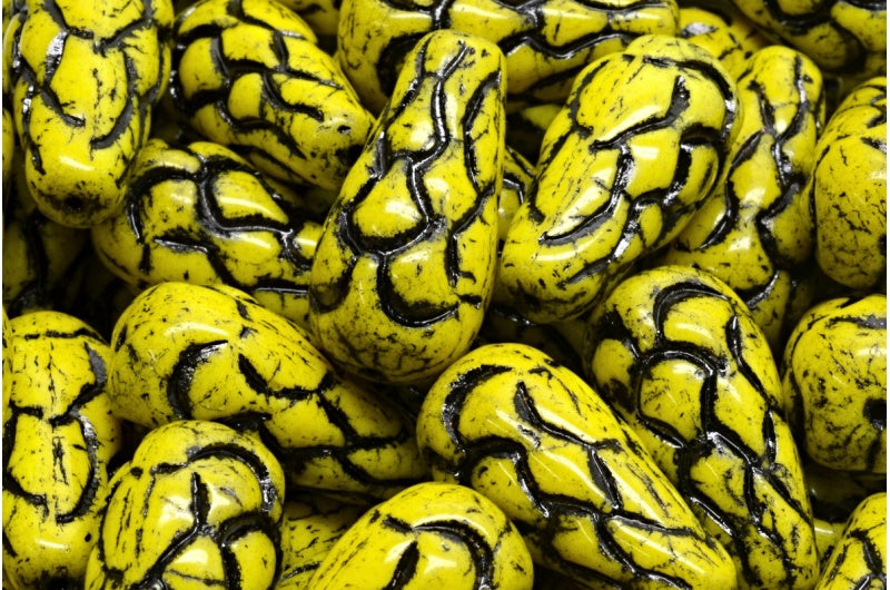 松ぼっくりビーズ、黄黒ライン入り(83120-54313)、ガラス、チェコ共和国