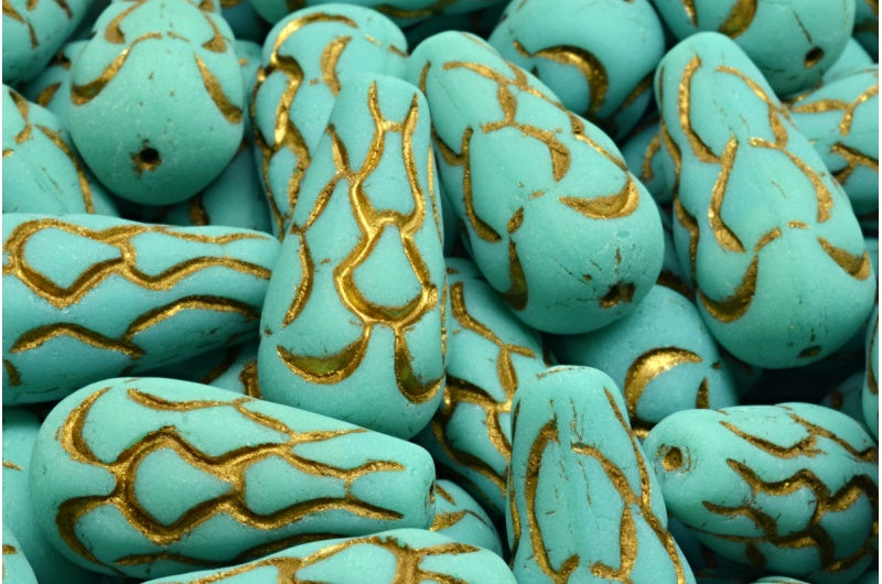 松ぼっくりビーズ、ターコイズゴールドラインマット(63130-54302-84100)、ガラス、チェコ共和国