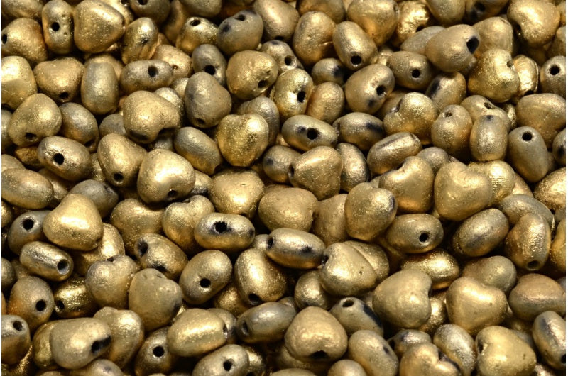 ハートビーズ、ブラックエッチングゴールド(23980-etch-26443)、ガラス、チェコ共和国