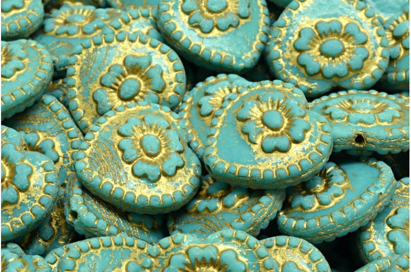 ローズ柄ハートビーズ、ターコイズマットゴールドライン(63140-84100-54302)、ガラス、チェコ共和国