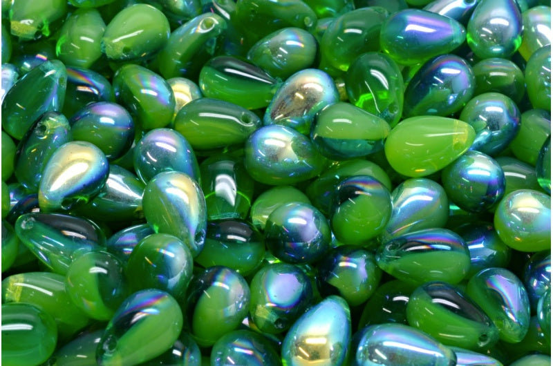 ドロップビーズ、オパールグリーン透明グリーンAb(51000-50570-28701)、ガラス、チェコ共和国