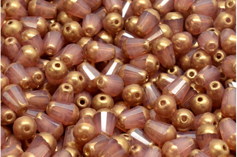 ファセット加工のファイアポリッシュ仕上げのティアドロップビーズ、オパールピンクブラス(71010-90215)、ガラス、チェコ共和国