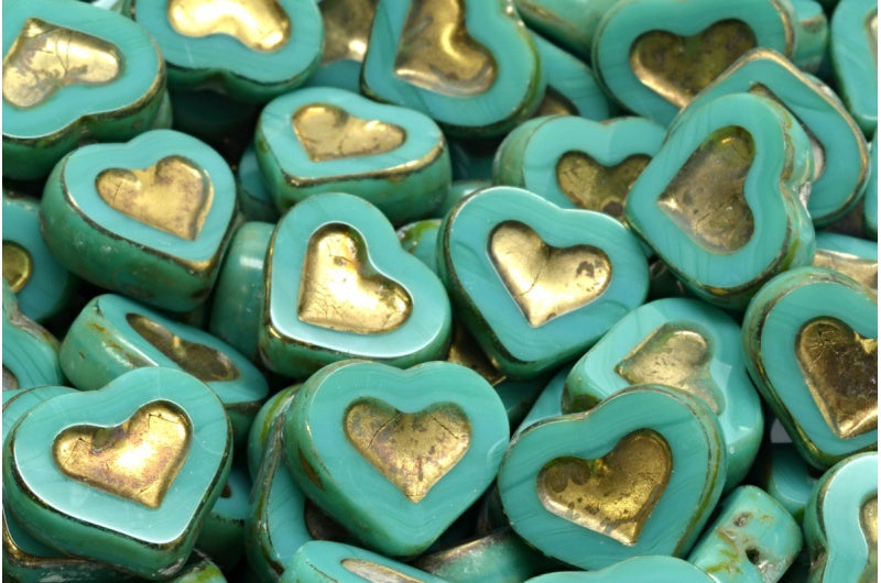 Table Cut Heart Beads, Turquoise Travertin Gold (63130 86800 26443), Glass, Czech Republic