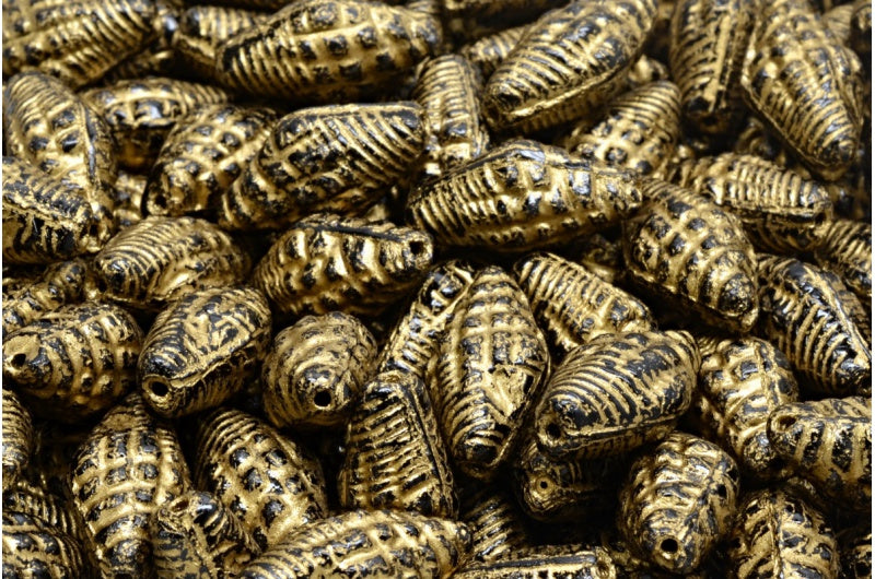 Miter Shell Beads, Black Gold Lined (23980-54302), Glass, Czech Republic