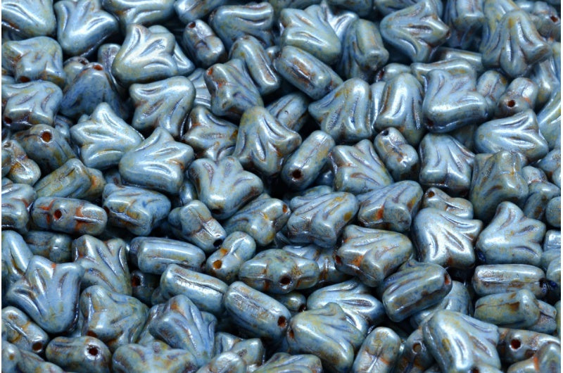 ユリの花のビーズ、白緑光沢斑点(02010-65325)、ガラス、チェコ共和国