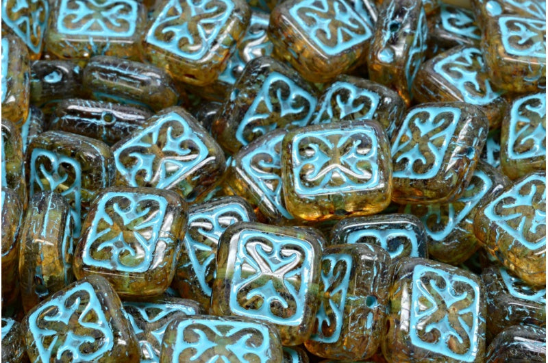 Ornamental Cushion Beads, Crystal Travertin Light Blue Lined (00030-86800-54308), Glass, Czech Republic