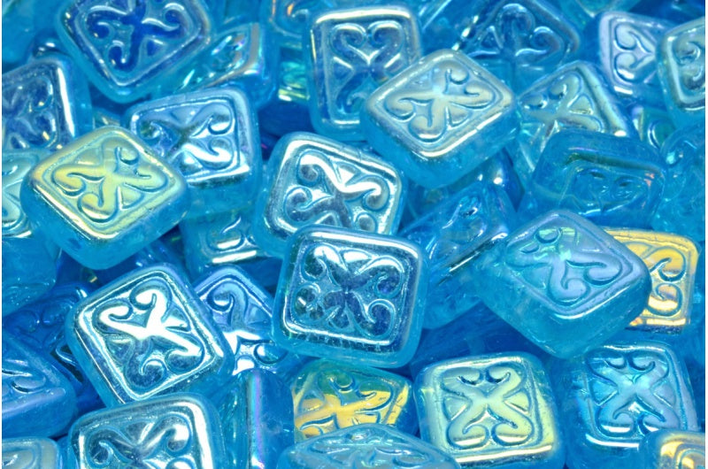 Ornamental Cushion Beads, Transparent Aqua Ab Full (2X Side) (60020-28703), Glass, Czech Republic