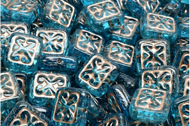 Ornamental Cushion Beads, Transparent Aqua Copper Lined (60020-54324), Glass, Czech Republic