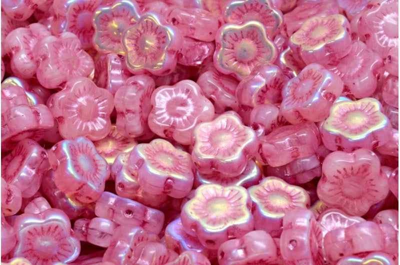 Sunset Flower Beads, White Ab Pink Lined (R0201-28701-54321), Glass, Czech Republic