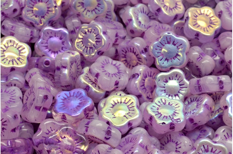 Sunset Flower Beads, White Ab 54326 (R0201-28701-54326), Glass, Czech Republic