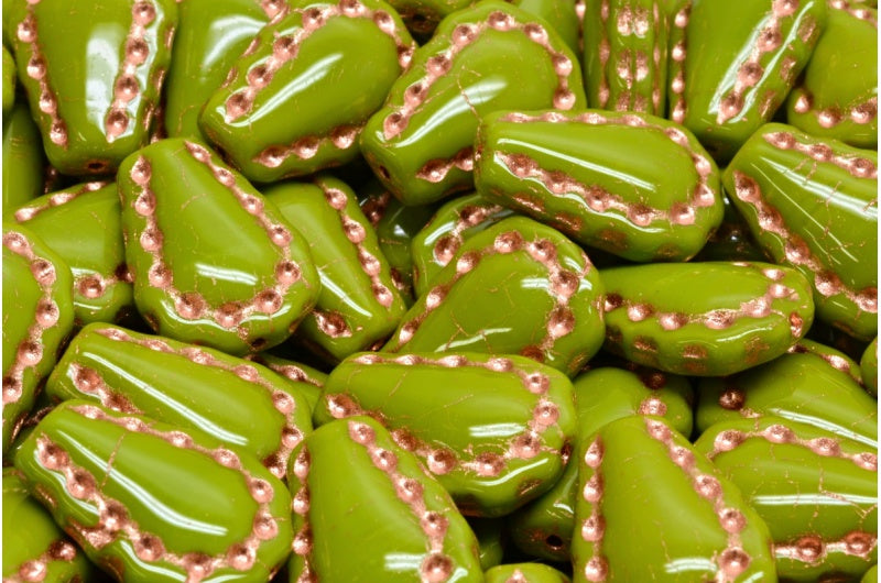 Lacy Tear Beads, Green Copper Lined (53420-54307), Glass, Czech Republic