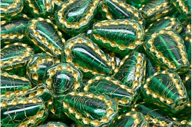 Lacy Tear Beads, Transparent Green Emerald Gold Lined (50710-54202), Glass, Czech Republic