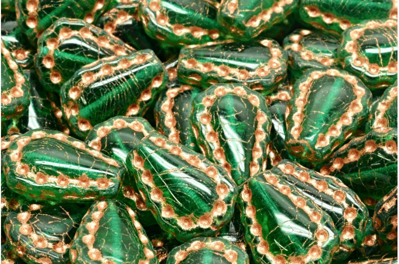 Lacy Tear Beads, Transparent Green Emerald Copper Lined (50710-54307), Glass, Czech Republic