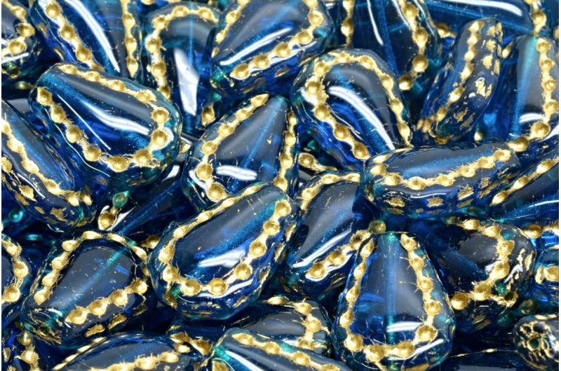 Lacy Tear Beads, Transparent Aqua Gold Lined (60080-54202), Glass, Czech Republic