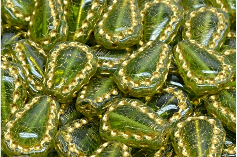 レースティアビーズ、透明グリーンゴールドライン(50210-54202)、ガラス、チェコ共和国