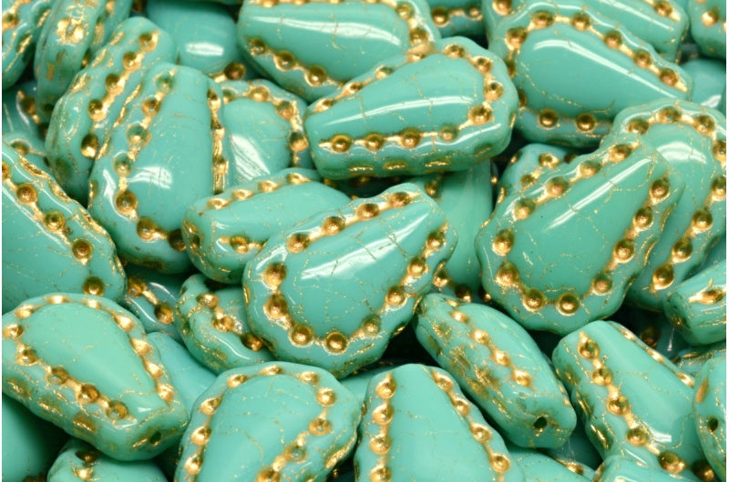 Lacy Tear Beads, Turquoise Gold Lined (63130-54202), Glass, Czech Republic