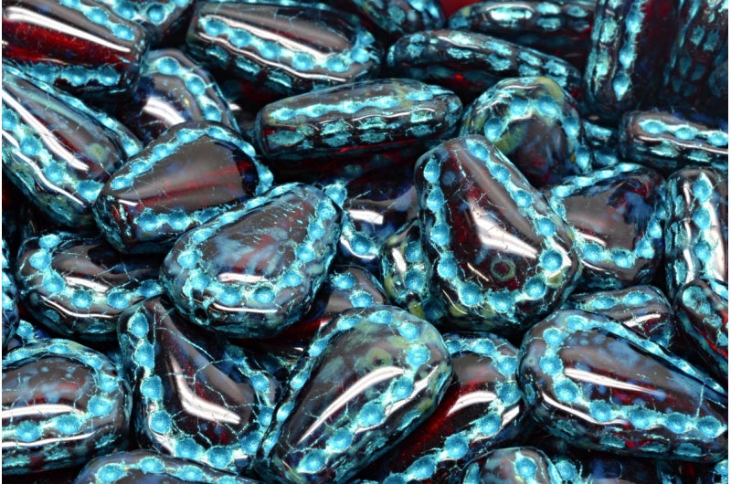 Lacy Tear Beads, Ruby Red Travertin 43811 (90080-86800-43811), Glass, Czech Republic