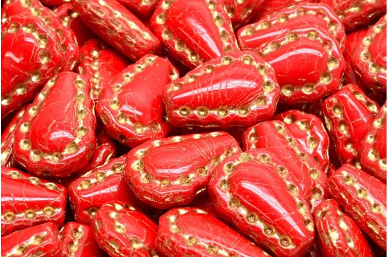 Lacy Tear Beads, Opaque Red Gold Lined (93200-54202), Glass, Czech Republic