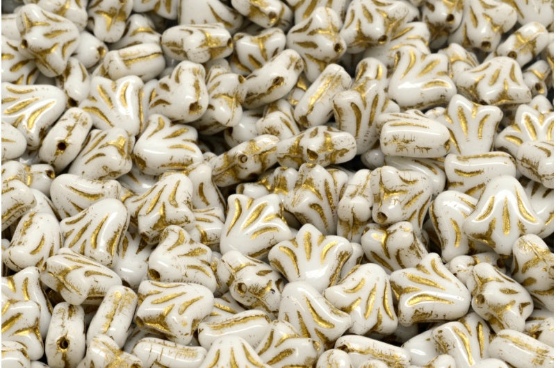 ユリの花のビーズ、ホワイトオパール、ゴールドライン(02020-54202)、ガラス、チェコ共和国