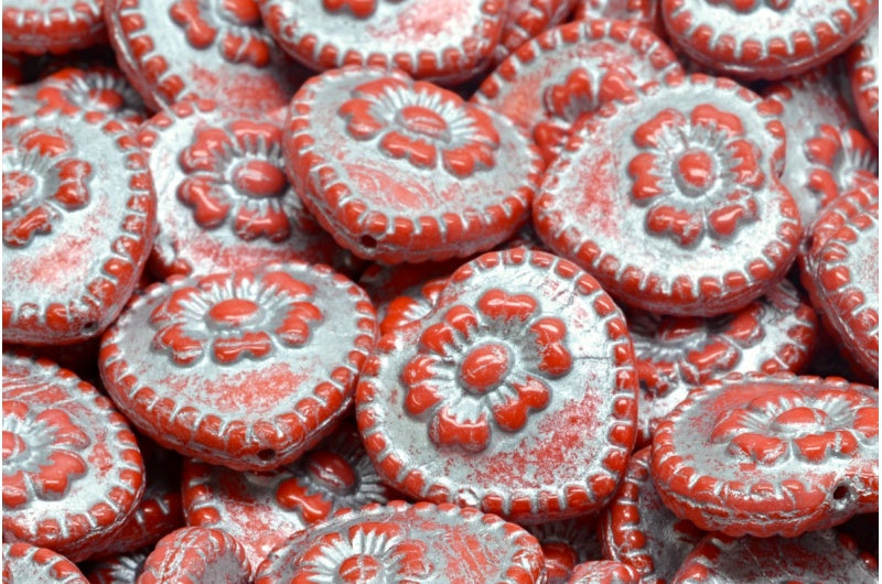 バラ付きハートビーズ、赤銀線入り(93400-54301)、ガラス、チェコ共和国