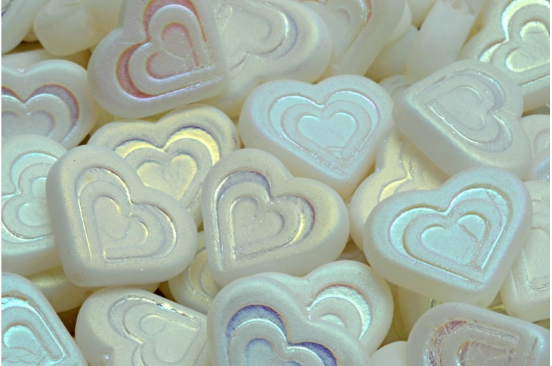 ハートインハートビーズ、ホワイトマットABフル(2Xサイド)(02010-84100-28703)、ガラス、チェコ共和国