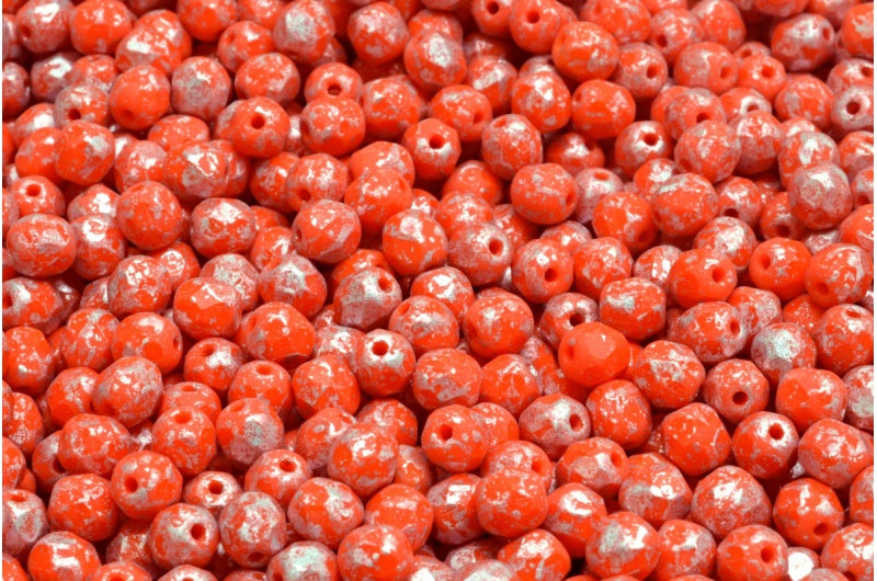 Fire Polished Faceted Beads Round, Deep Orange Matte Silver Splash (93140-84100-94400), Bohemia Crystal Glass, Czech Republic
