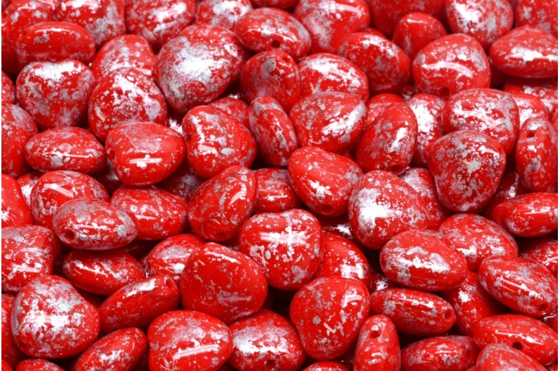 ハートビーズ、不透明レッドシルバースプラッシュ(93200-94400)、ガラス、チェコ共和国