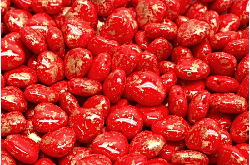 ハートビーズ、不透明レッドゴールドスプラッシュ(93200-94401)、ガラス、チェコ共和国