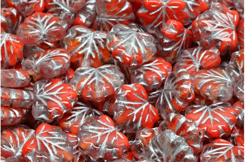 メープルリーフビーズ、レッドシルバーライン(R0942-54301)、ガラス、チェコ共和国