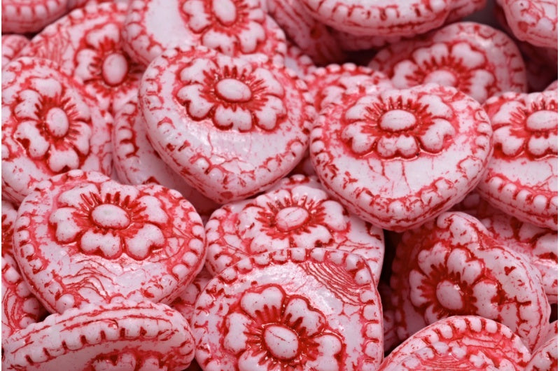 Heart Beads With Rose, White 54327 (02010-54327), Glass, Czech Republic