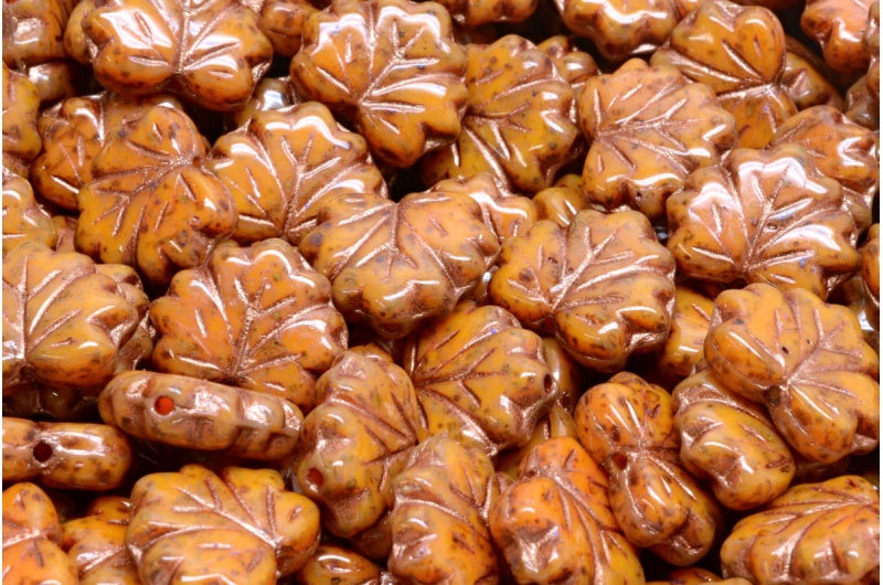 メープルリーフビーズ、93149 Travertin 43805 (93149-86800-43805)、ガラス、チェコ共和国