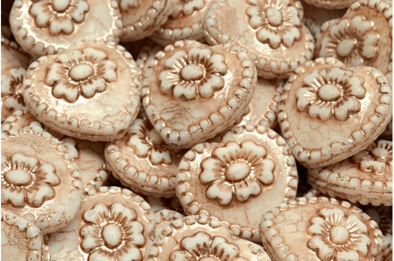 Heart Beads With Rose, White Copper Lined (02010-54324), Glass, Czech Republic